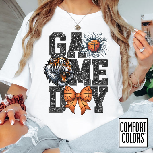 Game Day Basketball Tiger Tee • Comfort Colors® 1717 • Cute Bow Basketball Shirt • School Spirit Graphic Tee • Sports Mom Shirt