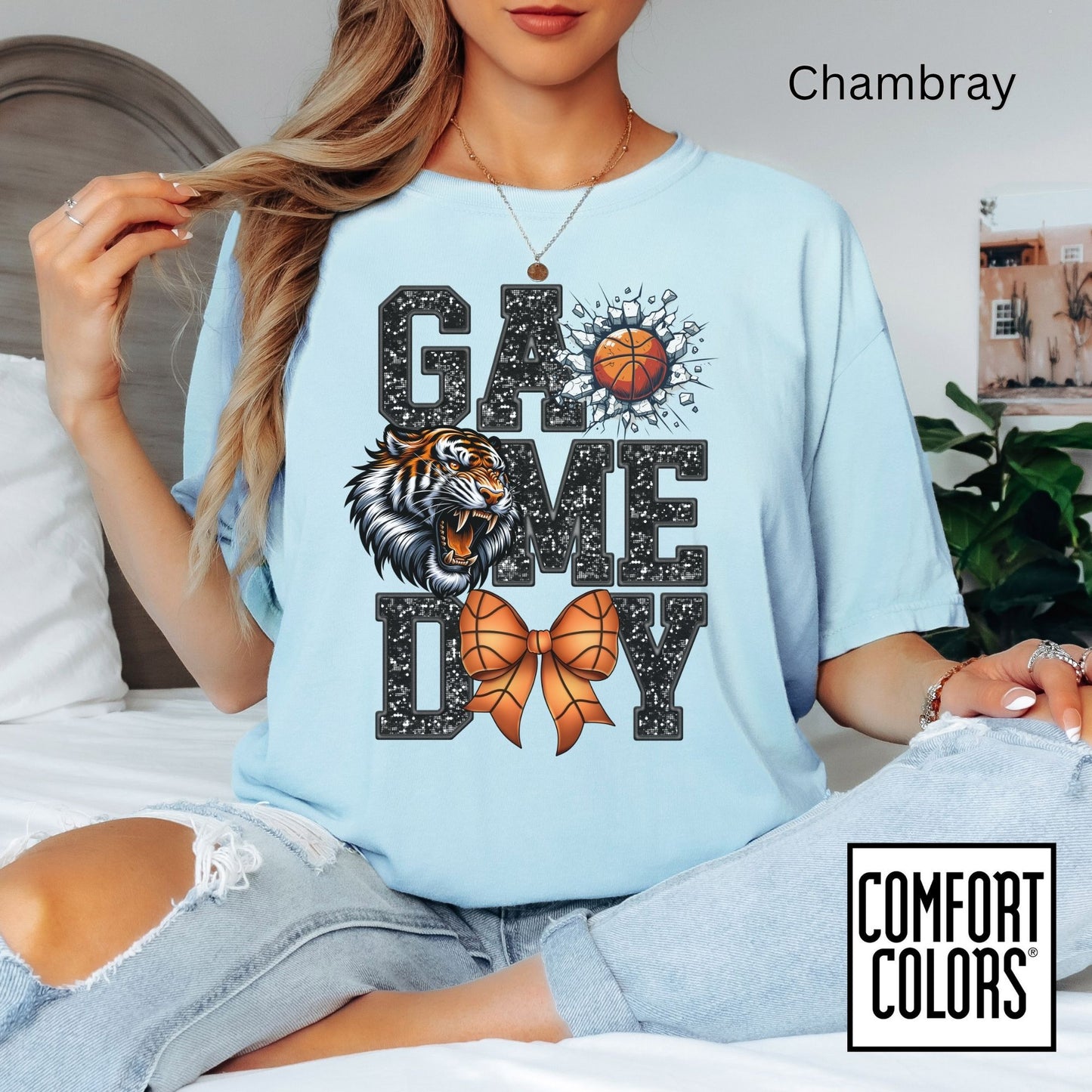 Game Day Basketball Tiger Tee • Comfort Colors® 1717 • Cute Bow Basketball Shirt • School Spirit Graphic Tee • Sports Mom Shirt