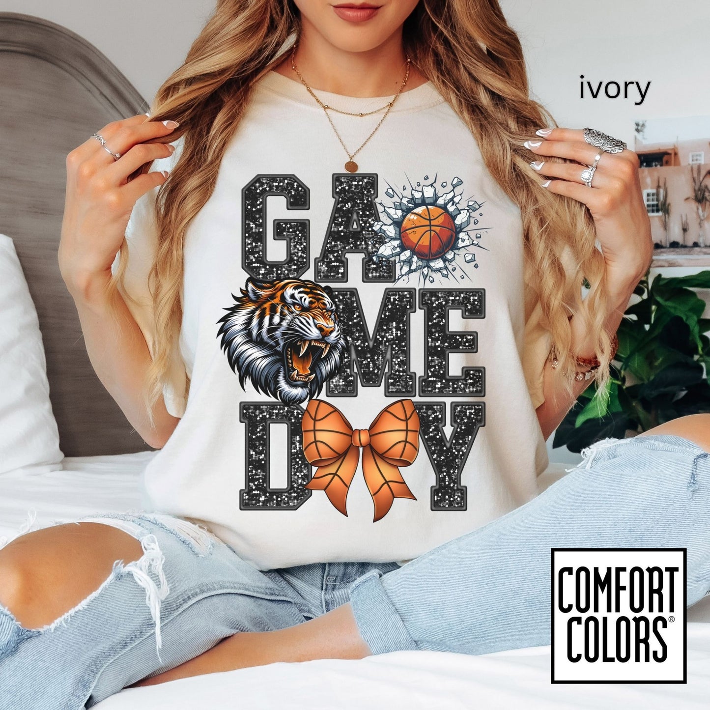 Game Day Basketball Tiger Tee • Comfort Colors® 1717 • Cute Bow Basketball Shirt • School Spirit Graphic Tee • Sports Mom Shirt