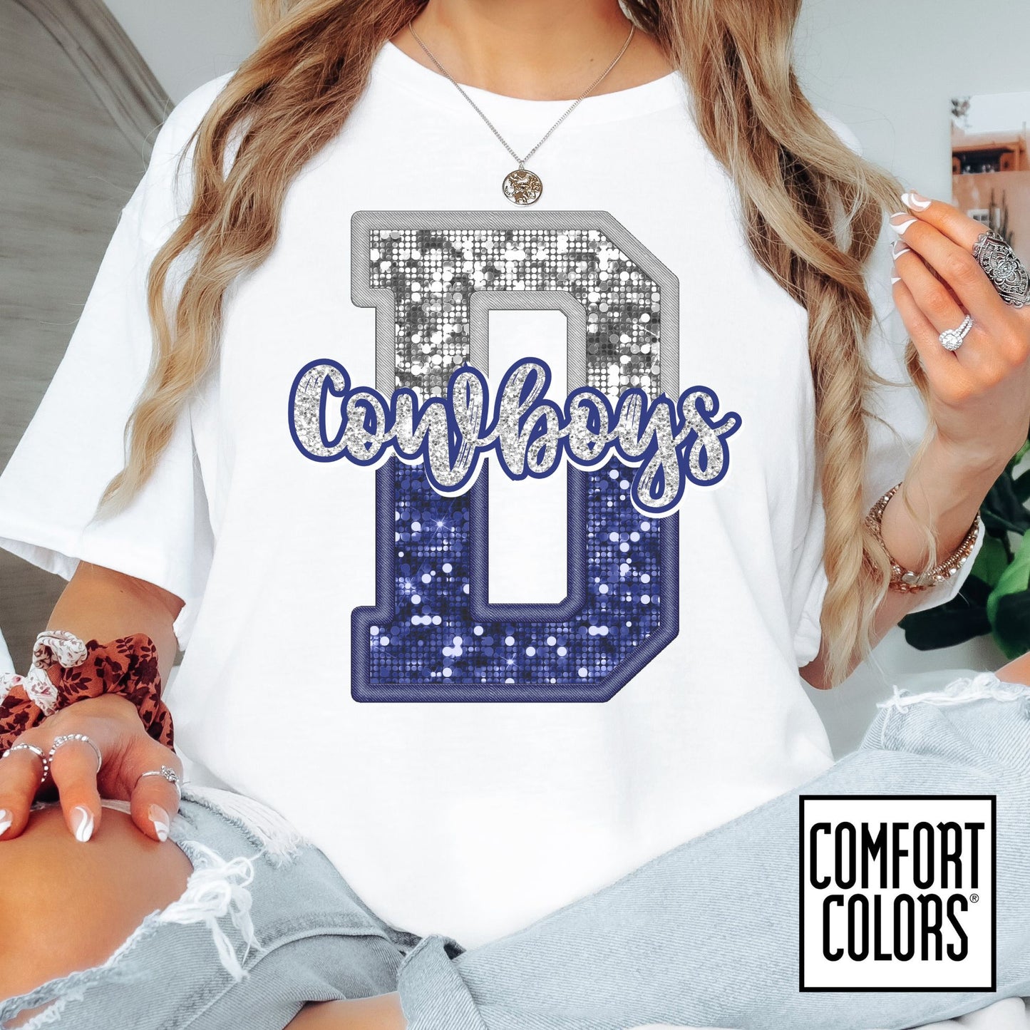 Dallas Blue & Silver Cowboys Inspired Tee • Comfort Colors® 1717 • Game Day Football Shirt • Sequin Style Letter D Fan Top