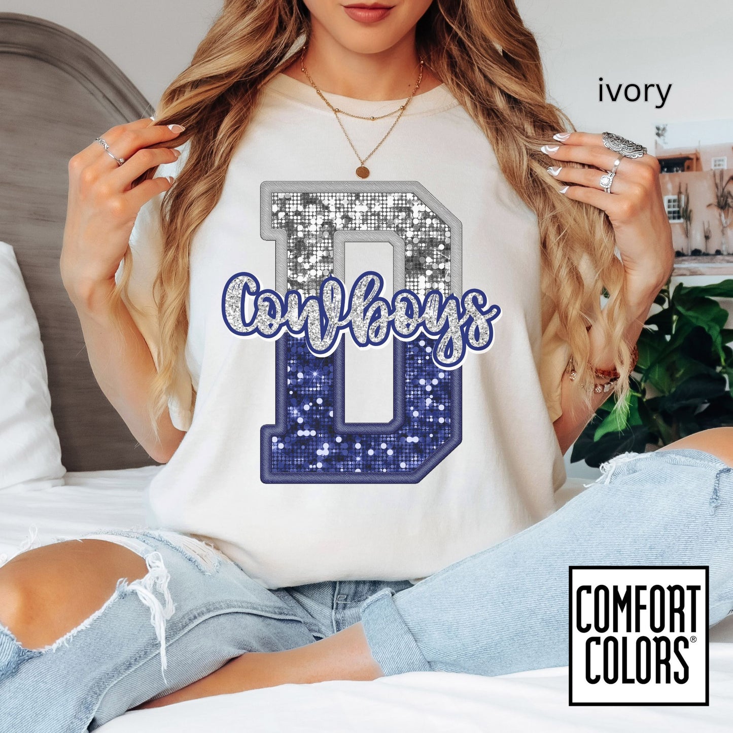 Dallas Blue & Silver Cowboys Inspired Tee • Comfort Colors® 1717 • Game Day Football Shirt • Sequin Style Letter D Fan Top