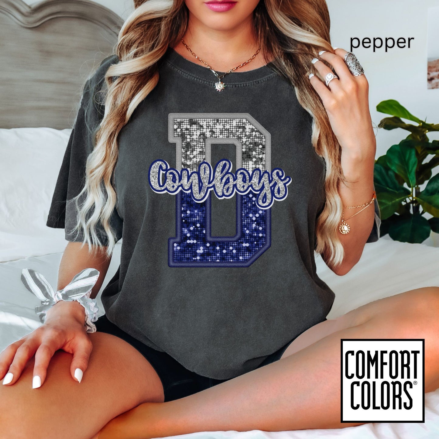 Dallas Blue & Silver Cowboys Inspired Tee • Comfort Colors® 1717 • Game Day Football Shirt • Sequin Style Letter D Fan Top