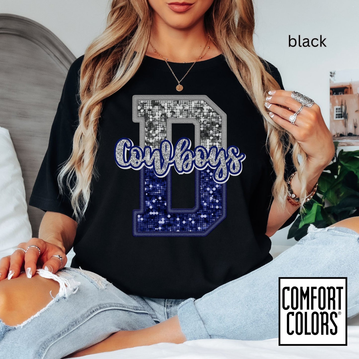 Dallas Blue & Silver Cowboys Inspired Tee • Comfort Colors® 1717 • Game Day Football Shirt • Sequin Style Letter D Fan Top