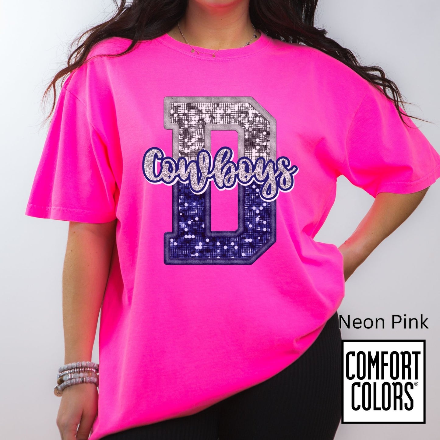 Dallas Blue & Silver Cowboys Inspired Tee • Comfort Colors® 1717 • Game Day Football Shirt • Sequin Style Letter D Fan Top