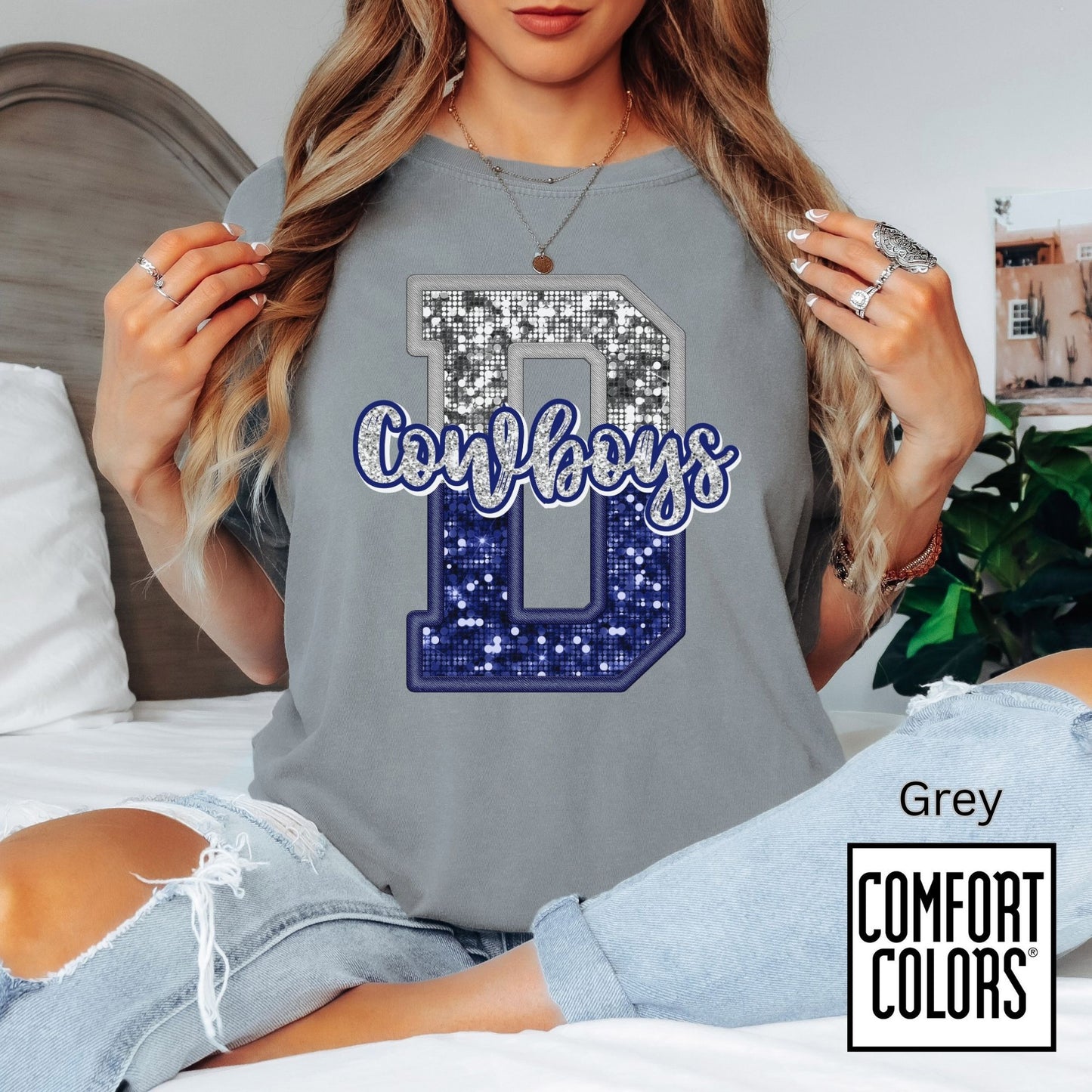 Dallas Blue & Silver Cowboys Inspired Tee • Comfort Colors® 1717 • Game Day Football Shirt • Sequin Style Letter D Fan Top