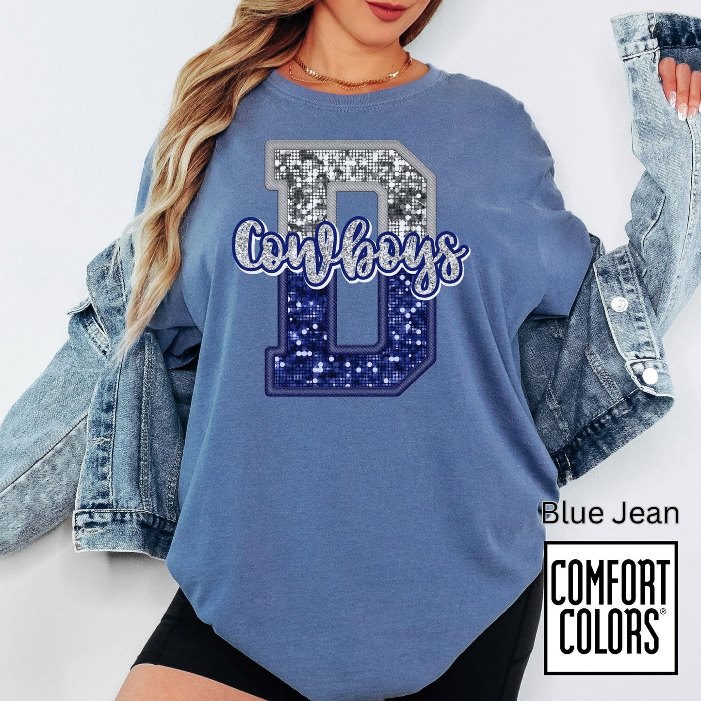 Dallas Blue & Silver Cowboys Inspired Tee • Comfort Colors® 1717 • Game Day Football Shirt • Sequin Style Letter D Fan Top