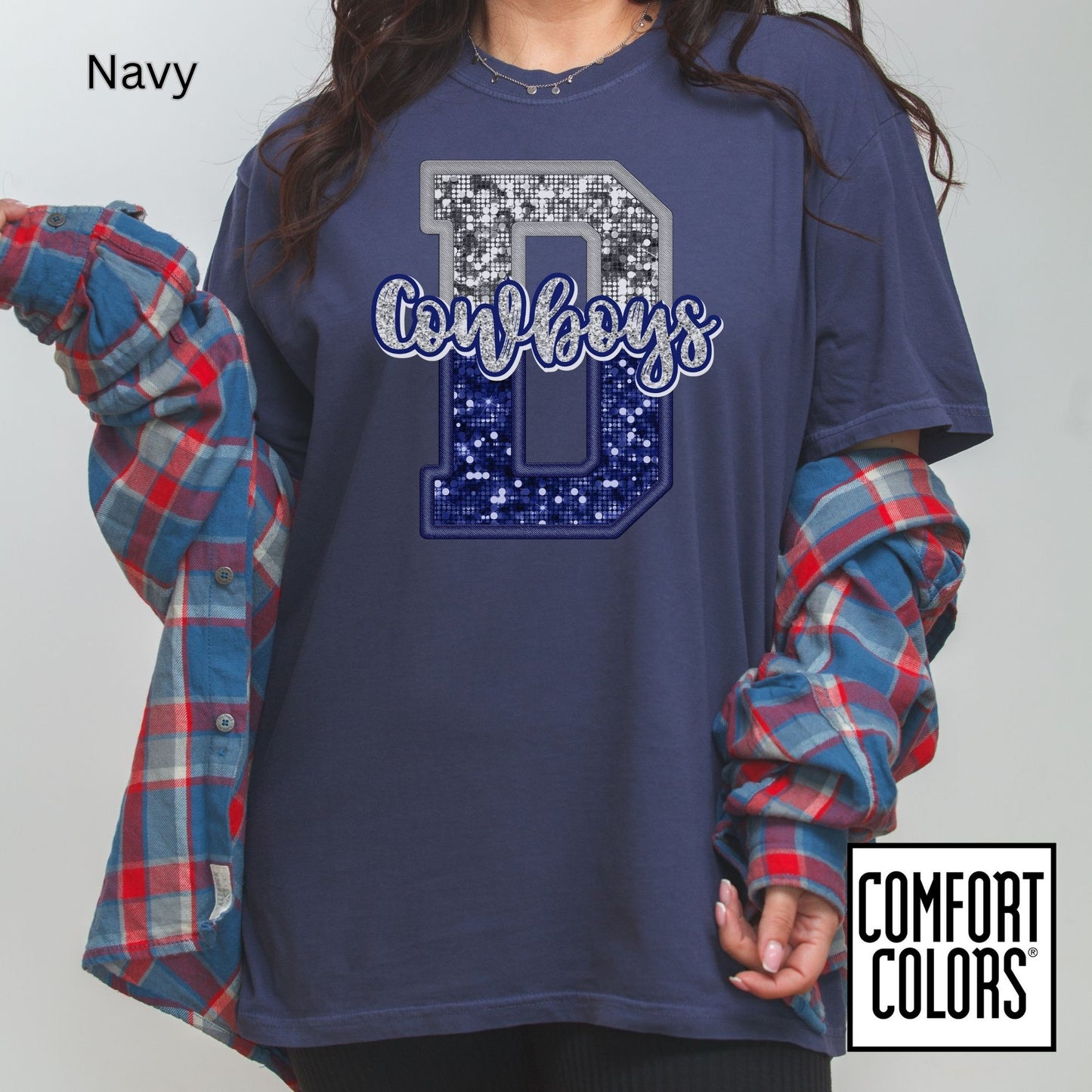 Dallas Blue & Silver Cowboys Inspired Tee • Comfort Colors® 1717 • Game Day Football Shirt • Sequin Style Letter D Fan Top