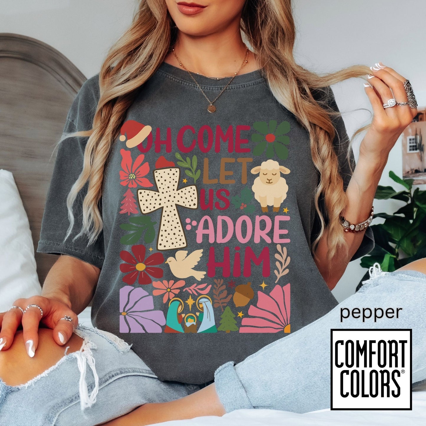 Oh Come Let Us Adore Him Shirt • Christian Christmas Tee • Comfort Colors® 1717 • Nativity Holiday Graphic • Faith Christmas Aesthetic Shirt