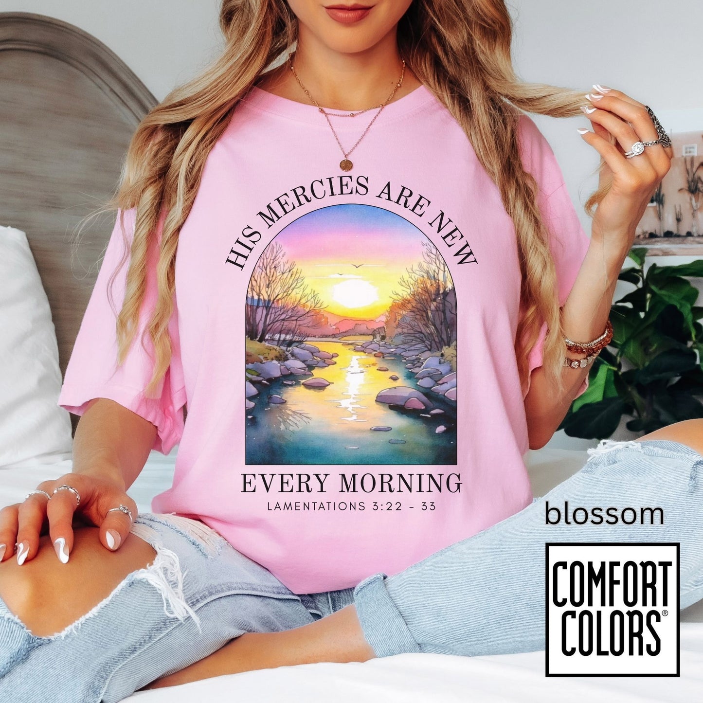 His Mercies Are New Every Morning Shirt • Lamentations 3:22-33 Tee • Comfort Colors® 1717 • Christian Sunrise Graphic • Faith Encouragement Shirt