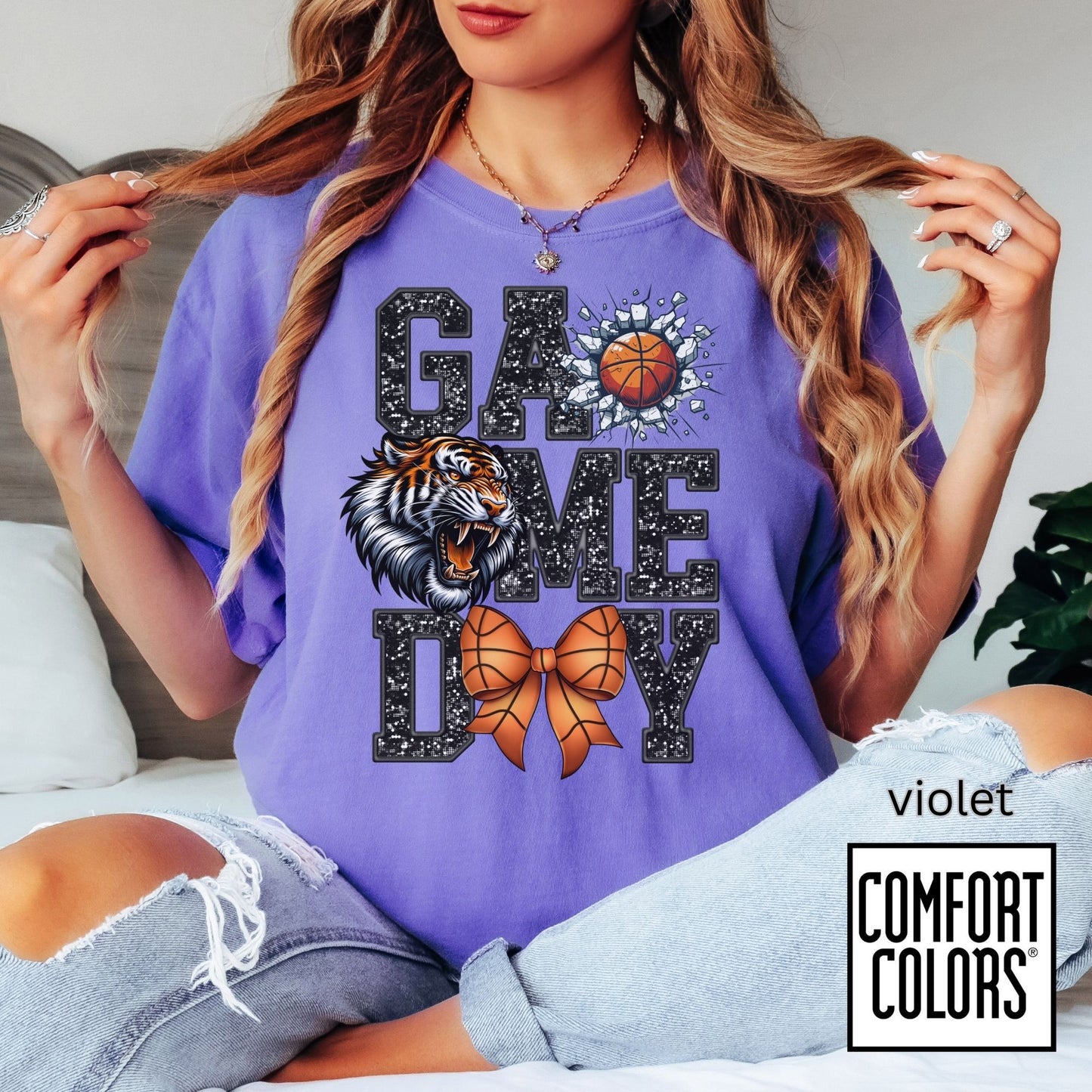 Game Day Basketball Tiger Tee • Comfort Colors® 1717 • Cute Bow Basketball Shirt • School Spirit Graphic Tee • Sports Mom Shirt