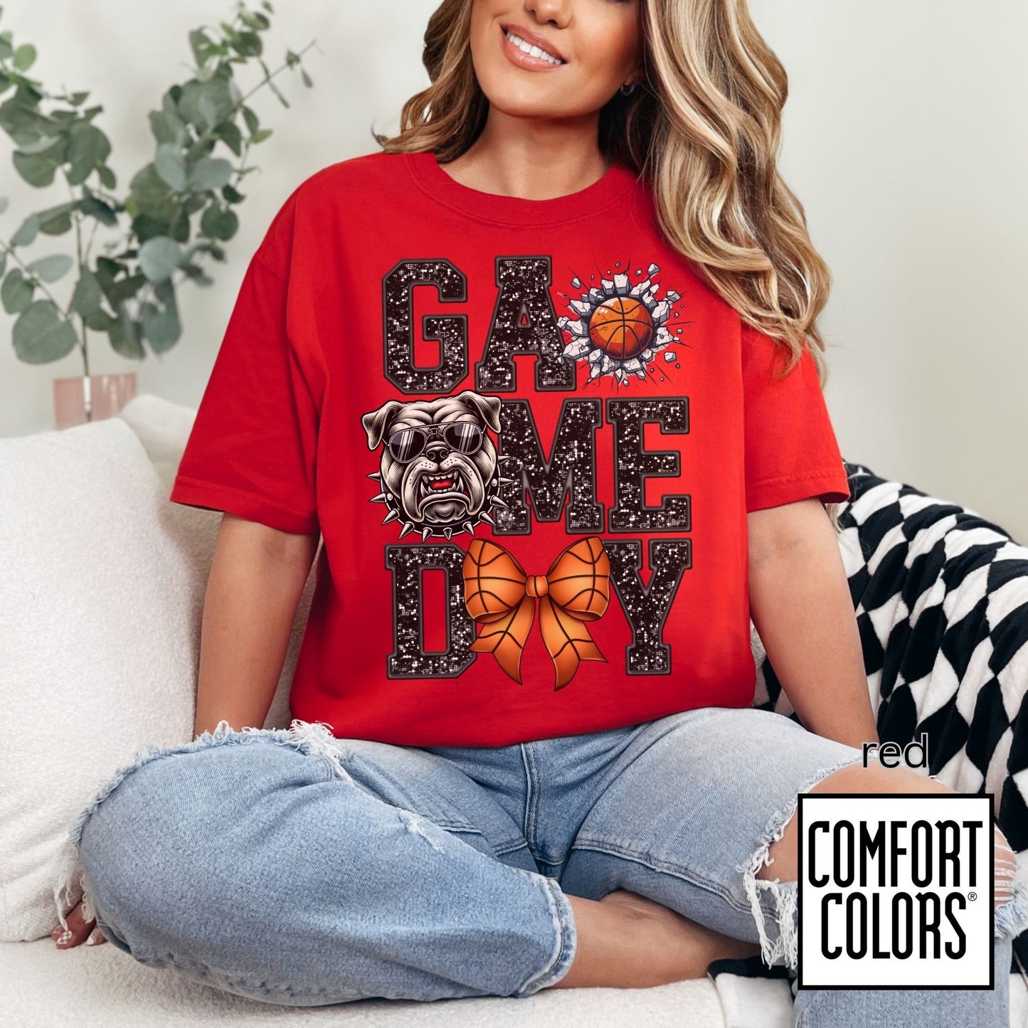 Game Day Basketball Bulldog Tee • Comfort Colors® 1717 • Cute Bow Basketball Shirt • School Spirit Graphic Tee • Sports Mom Shirt