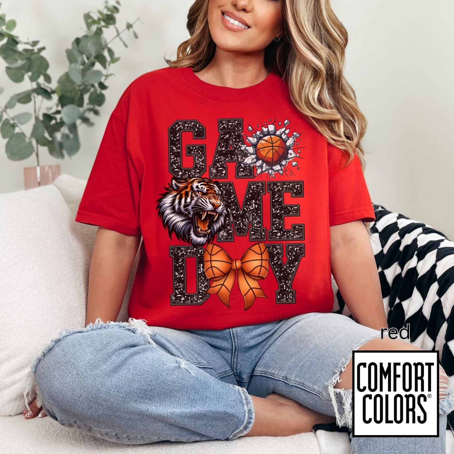 Game Day Basketball Tiger Tee • Comfort Colors® 1717 • Cute Bow Basketball Shirt • School Spirit Graphic Tee • Sports Mom Shirt