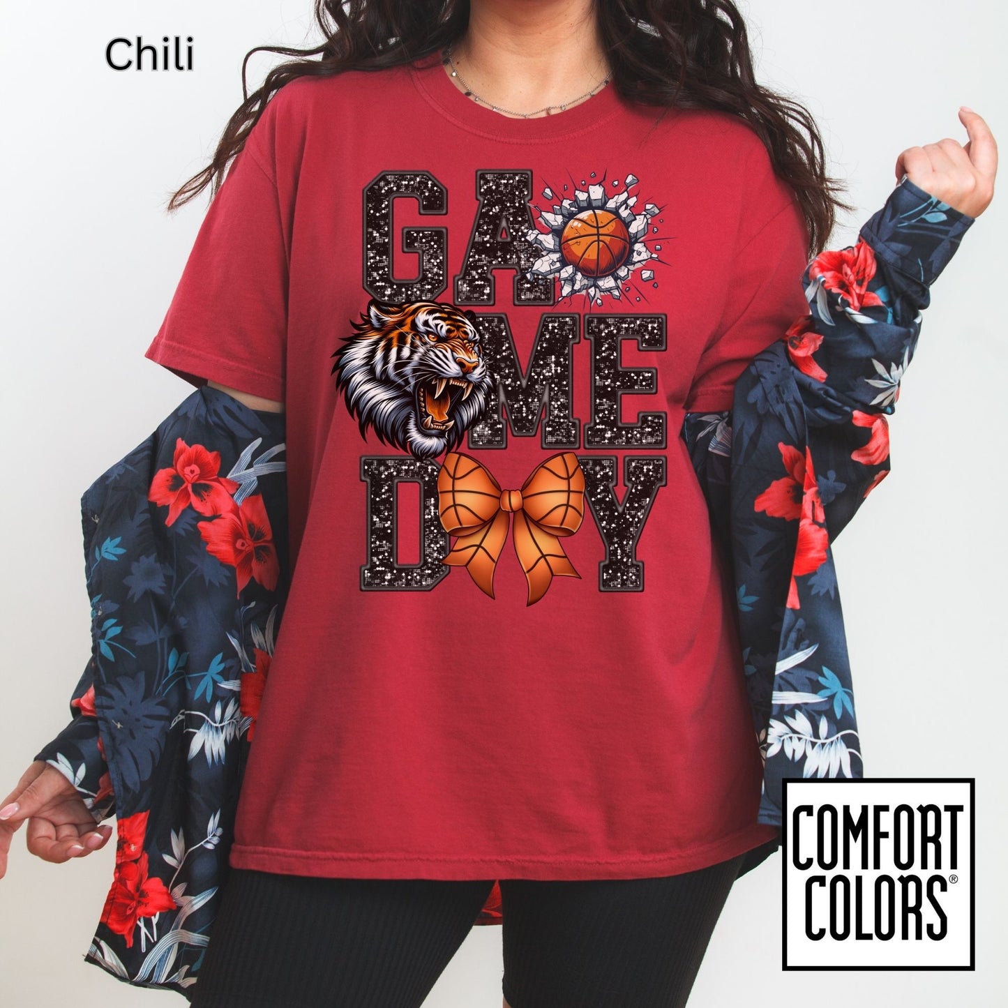 Game Day Basketball Tiger Tee • Comfort Colors® 1717 • Cute Bow Basketball Shirt • School Spirit Graphic Tee • Sports Mom Shirt