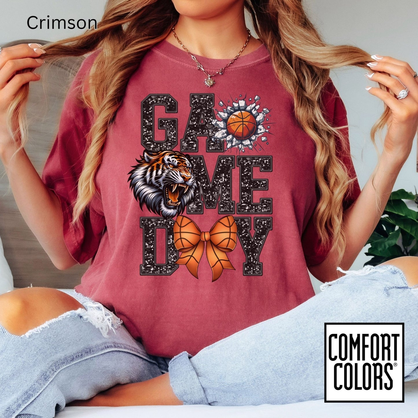 Game Day Basketball Tiger Tee • Comfort Colors® 1717 • Cute Bow Basketball Shirt • School Spirit Graphic Tee • Sports Mom Shirt