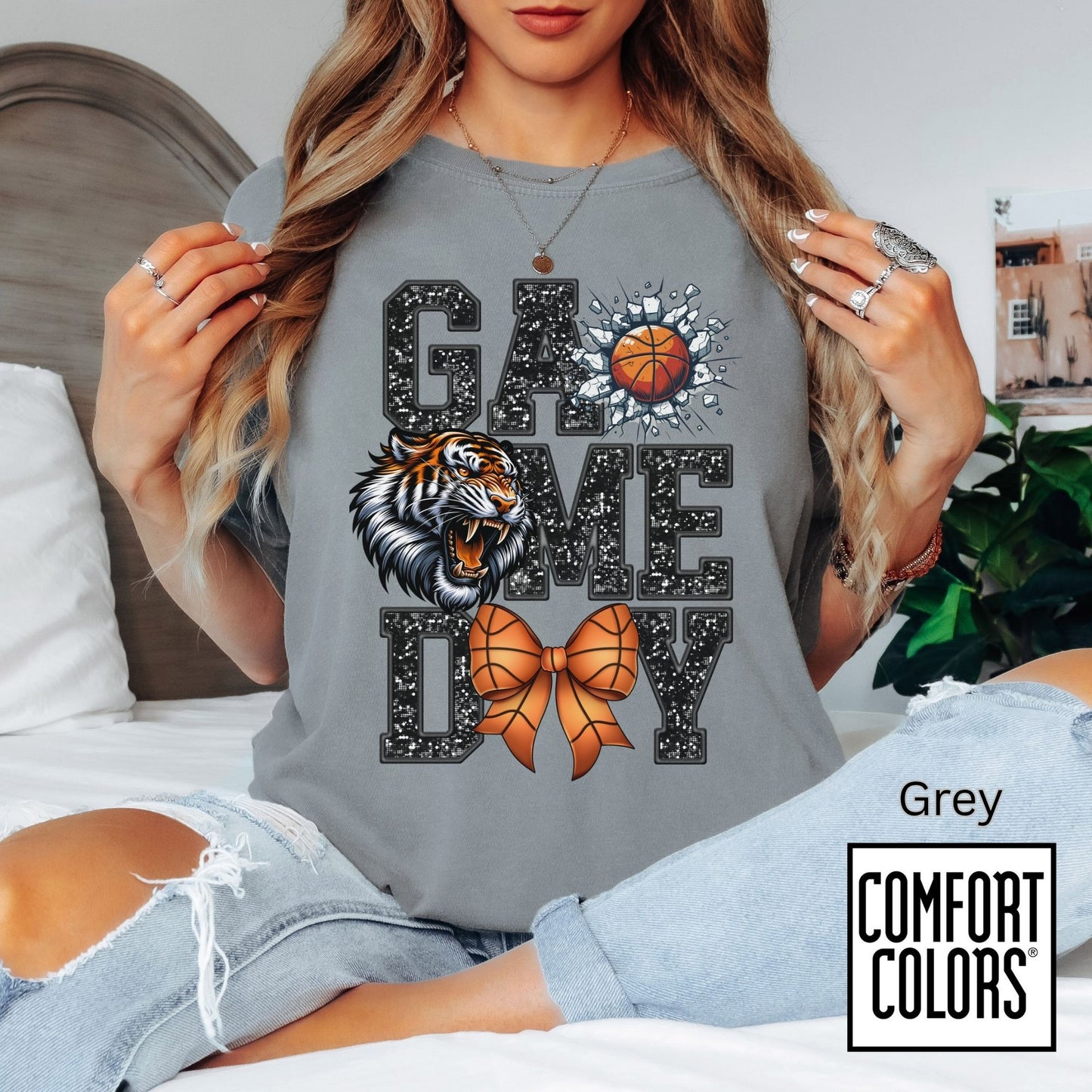 Game Day Basketball Tiger Tee • Comfort Colors® 1717 • Cute Bow Basketball Shirt • School Spirit Graphic Tee • Sports Mom Shirt