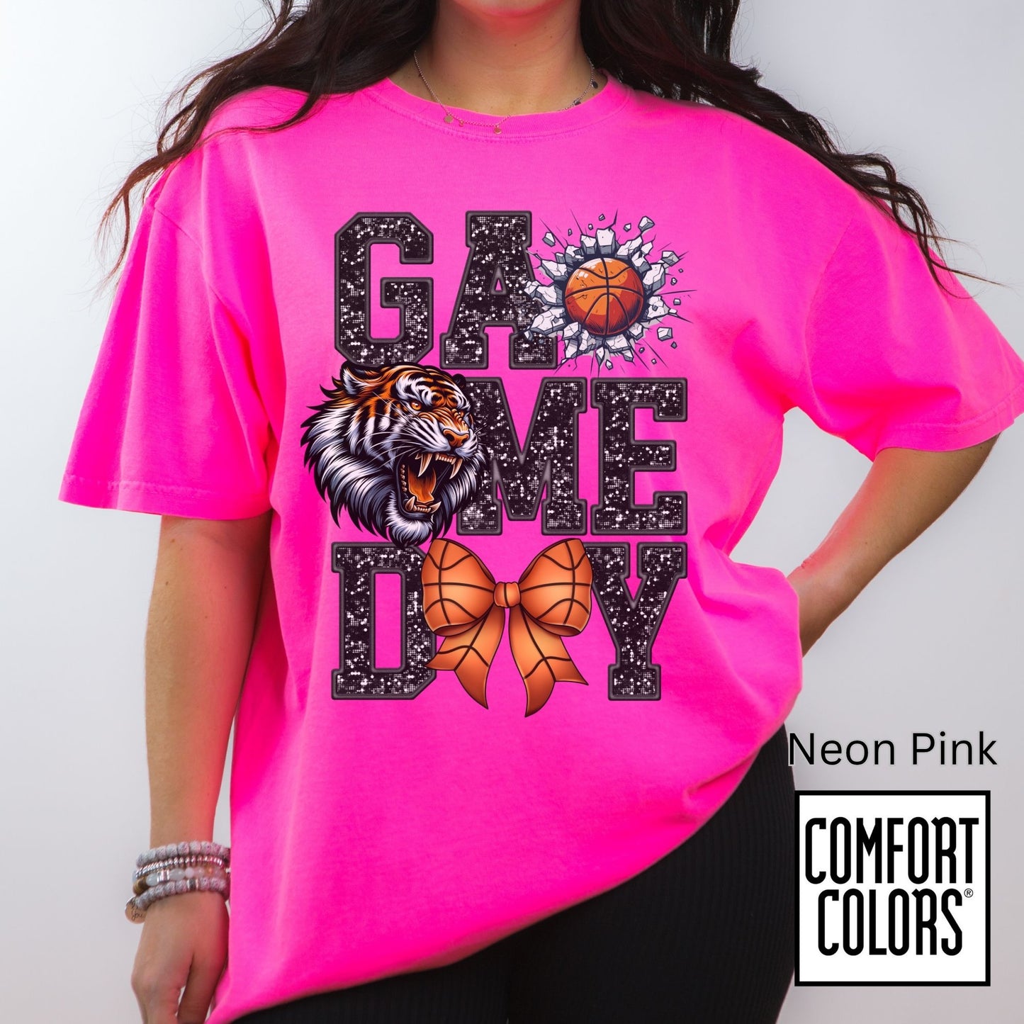 Game Day Basketball Tiger Tee • Comfort Colors® 1717 • Cute Bow Basketball Shirt • School Spirit Graphic Tee • Sports Mom Shirt