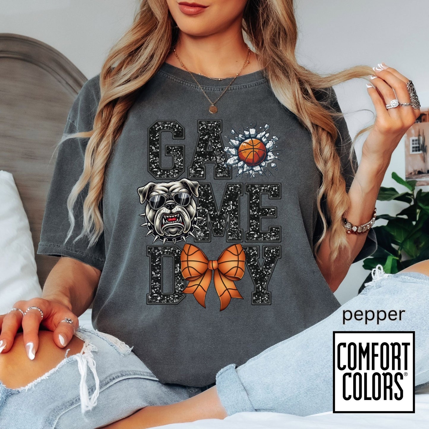 Game Day Basketball Bulldog Tee • Comfort Colors® 1717 • Cute Bow Basketball Shirt • School Spirit Graphic Tee • Sports Mom Shirt