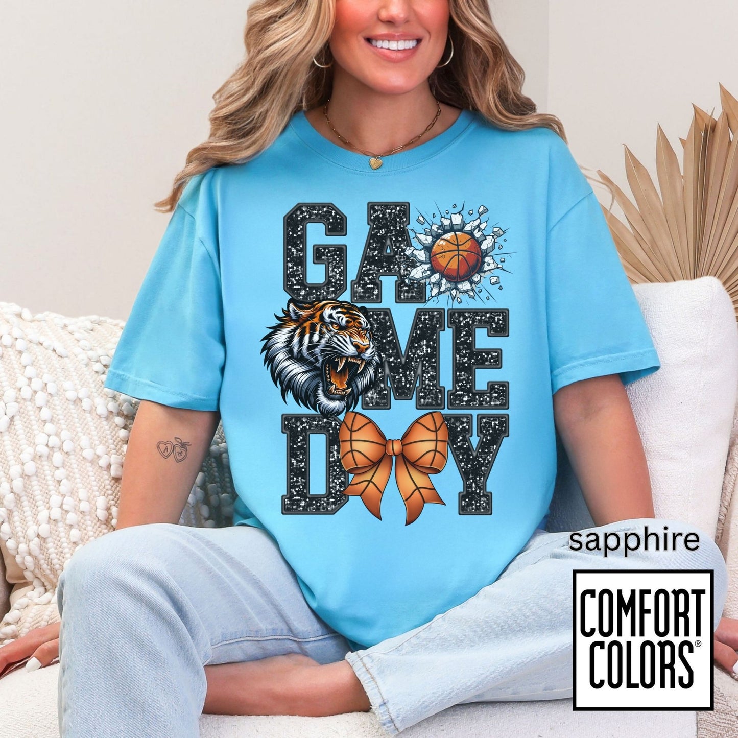 Game Day Basketball Tiger Tee • Comfort Colors® 1717 • Cute Bow Basketball Shirt • School Spirit Graphic Tee • Sports Mom Shirt