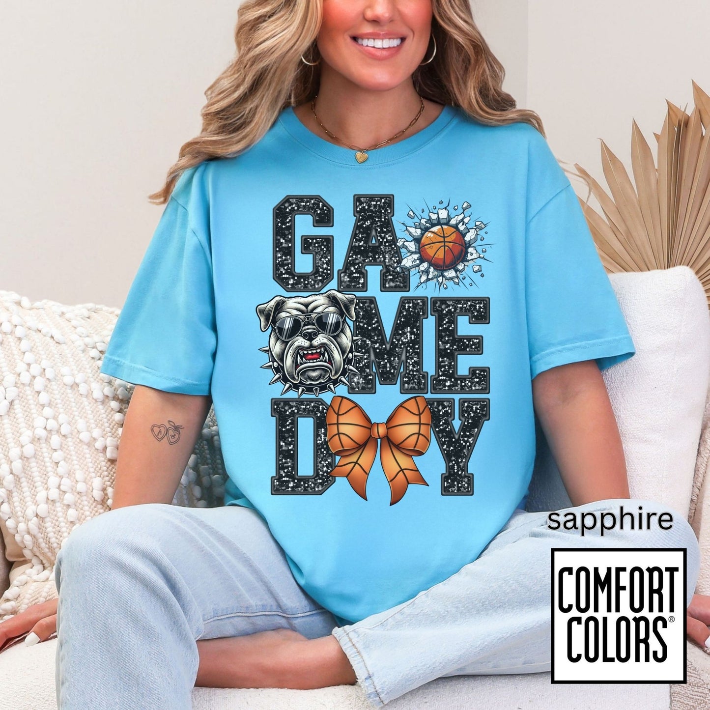 Game Day Basketball Bulldog Tee • Comfort Colors® 1717 • Cute Bow Basketball Shirt • School Spirit Graphic Tee • Sports Mom Shirt